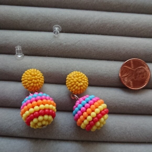 Seed Beaded Ball Drop Earrings - yellow/pink/yellowcolor combo - Picture 4 of 5